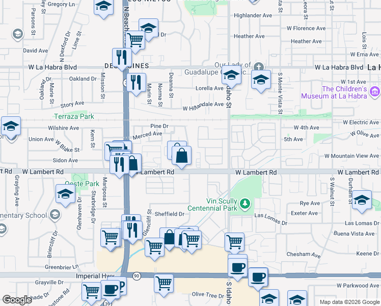 map of restaurants, bars, coffee shops, grocery stores, and more near 1491 West Lambert Road in La Habra