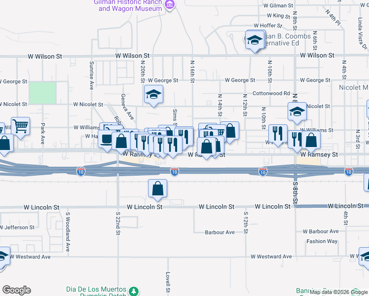 map of restaurants, bars, coffee shops, grocery stores, and more near 1675 W Ramsey St in Banning