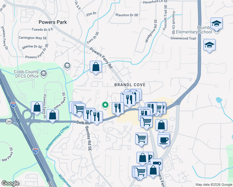 map of restaurants, bars, coffee shops, grocery stores, and more near 2310 Winterset Parkway in Marietta
