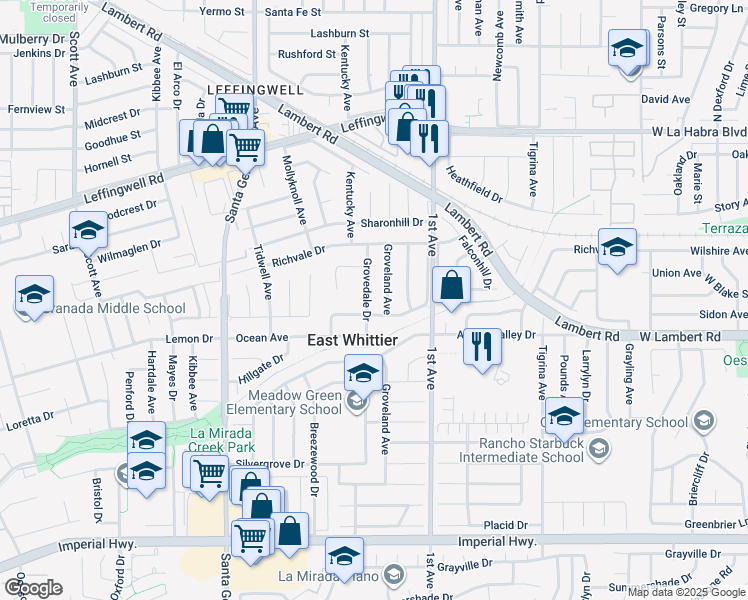 map of restaurants, bars, coffee shops, grocery stores, and more near 11626 Grovedale Drive in Whittier