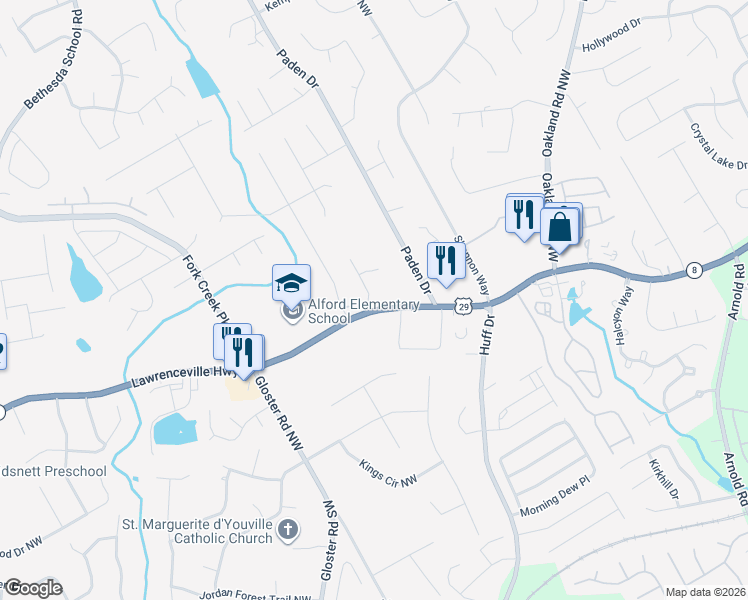 map of restaurants, bars, coffee shops, grocery stores, and more near 303 Dublin Way in Lawrenceville