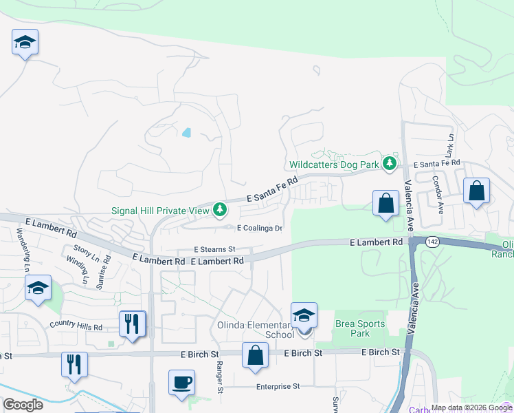 map of restaurants, bars, coffee shops, grocery stores, and more near 2999 Walking Beam Place in Brea
