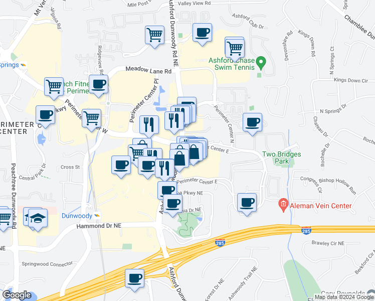 map of restaurants, bars, coffee shops, grocery stores, and more near 1 Perimeter Center East in Atlanta