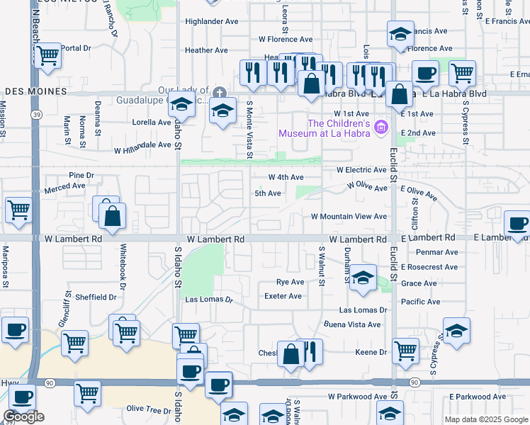 map of restaurants, bars, coffee shops, grocery stores, and more near 1001 West Lambert Road in La Habra