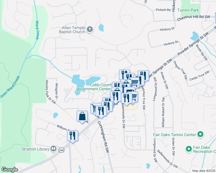 map of restaurants, bars, coffee shops, grocery stores, and more near 846 Lake Hollow Boulevard Southwest in Marietta