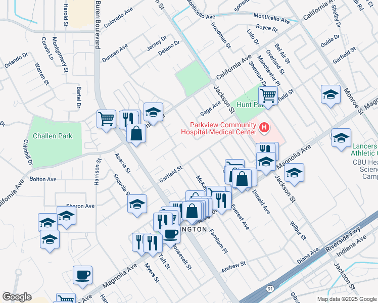 map of restaurants, bars, coffee shops, grocery stores, and more near 4005 McKenzie Street in Riverside