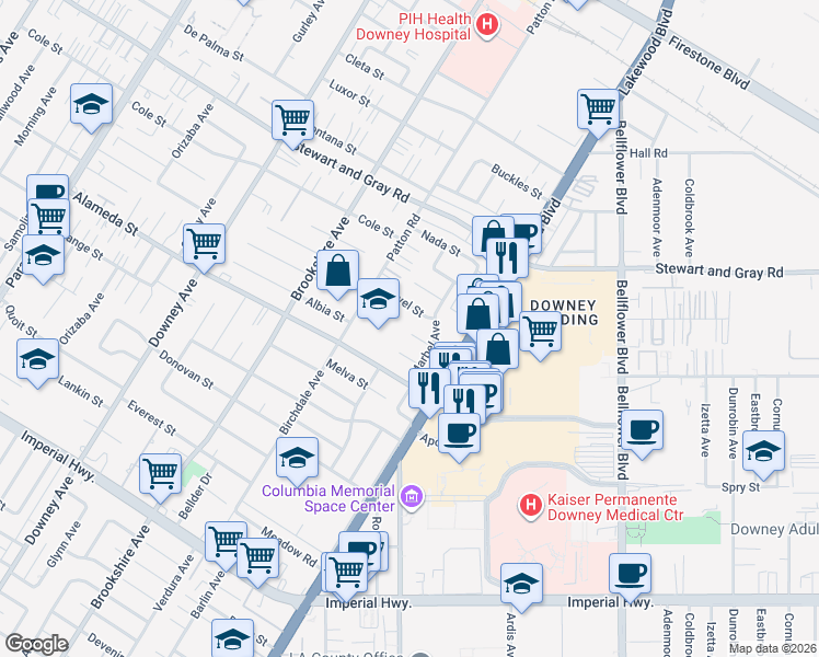 map of restaurants, bars, coffee shops, grocery stores, and more near 8701 Boyne Street in Downey
