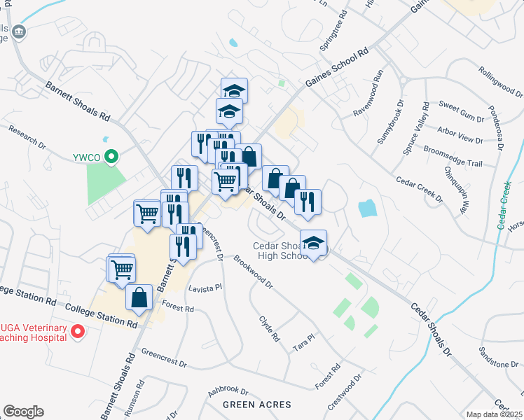 map of restaurants, bars, coffee shops, grocery stores, and more near 168 Scandia Circle in Athens