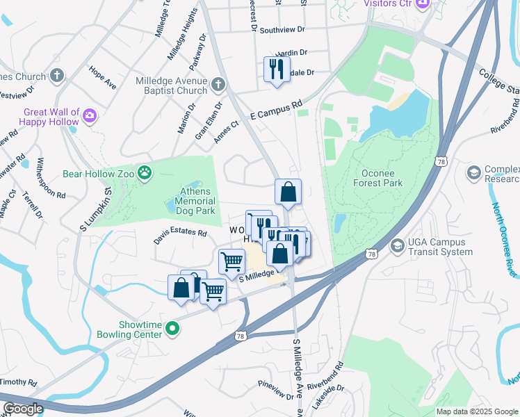 map of restaurants, bars, coffee shops, grocery stores, and more near 530 Woodland Hills Drive in Athens