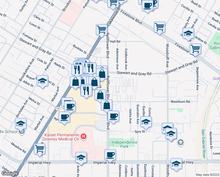 map of restaurants, bars, coffee shops, grocery stores, and more near 12006 Bellflower Boulevard in Downey