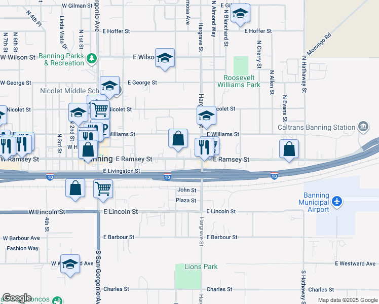 map of restaurants, bars, coffee shops, grocery stores, and more near 676 East Ramsey Street in Banning