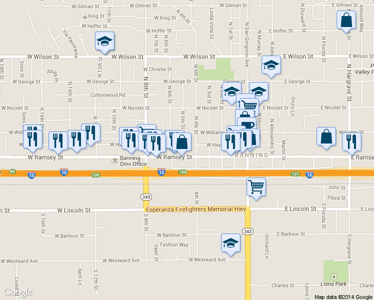 map of restaurants, bars, coffee shops, grocery stores, and more near 437 West Ramsey Street in Banning
