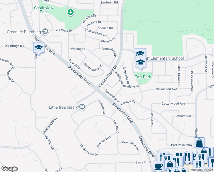 map of restaurants, bars, coffee shops, grocery stores, and more near 1164 Greystone Drive in Riverside