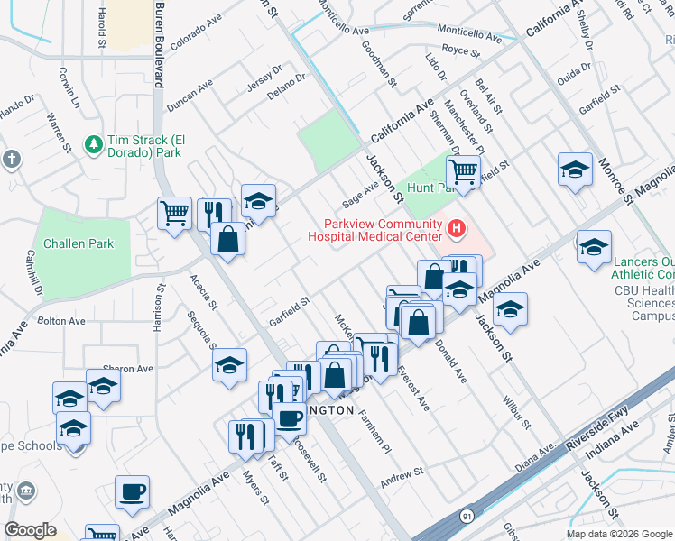 map of restaurants, bars, coffee shops, grocery stores, and more near 3994 Everest Avenue in Riverside