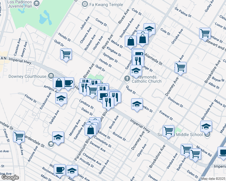 map of restaurants, bars, coffee shops, grocery stores, and more near 12519 Paramount Boulevard in Downey
