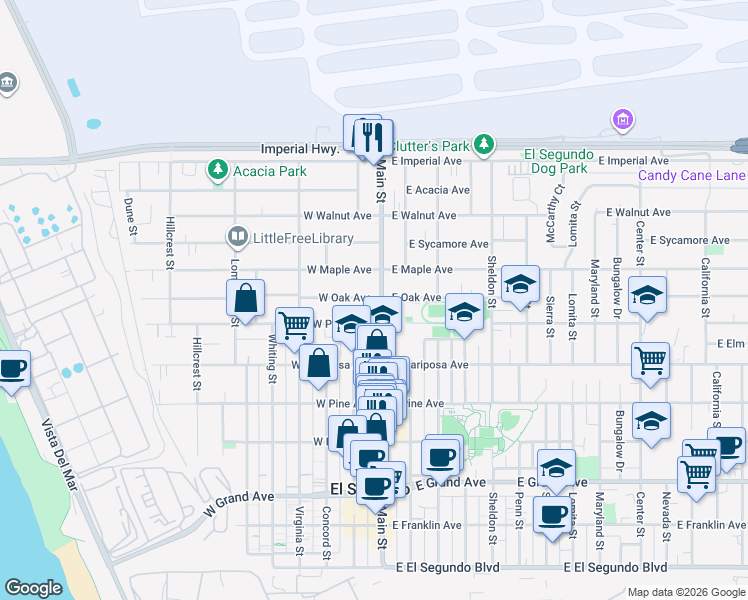 map of restaurants, bars, coffee shops, grocery stores, and more near 711 Main Street in El Segundo