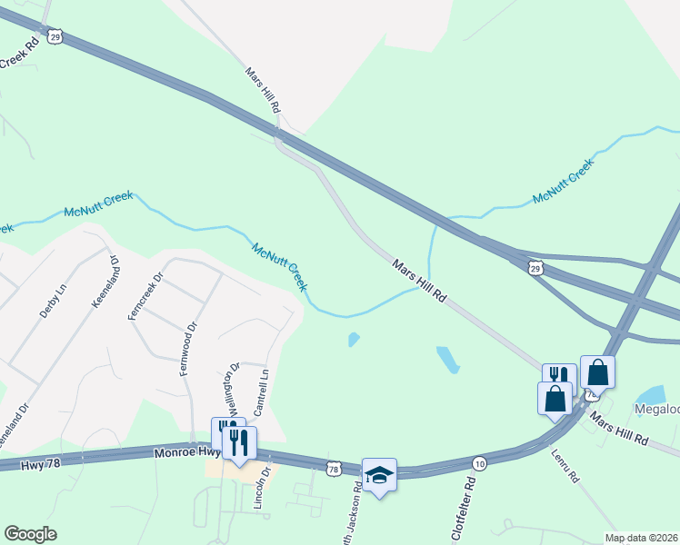 map of restaurants, bars, coffee shops, grocery stores, and more near 4451 Mars Hill Road in Bogart