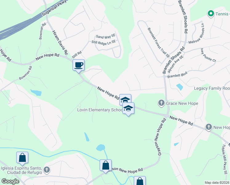 map of restaurants, bars, coffee shops, grocery stores, and more near 1644 New Hope Road Southeast in Lawrenceville
