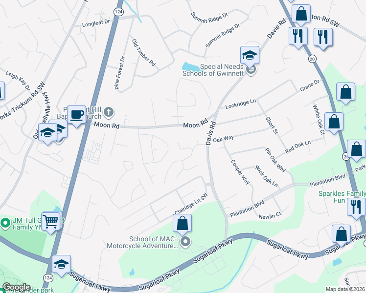 map of restaurants, bars, coffee shops, grocery stores, and more near 742 Bostonian Way Southwest in Lawrenceville