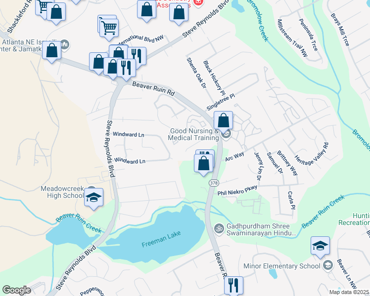 map of restaurants, bars, coffee shops, grocery stores, and more near 4129 Magnolia Glen Walk in Norcross
