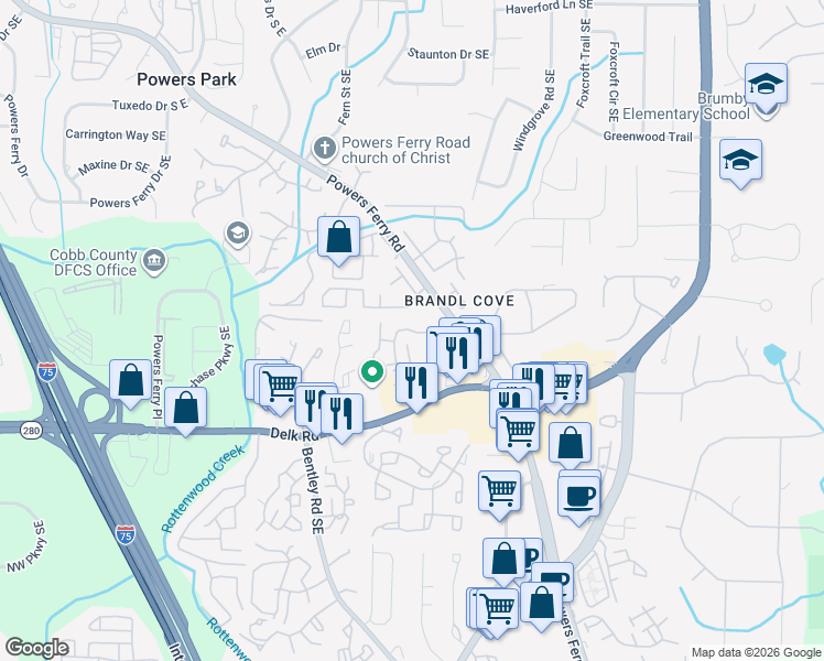 map of restaurants, bars, coffee shops, grocery stores, and more near 2310 Winterset Parkway in Marietta