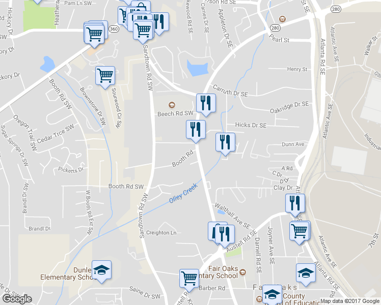 map of restaurants, bars, coffee shops, grocery stores, and more near 15 Booth Road in Marietta