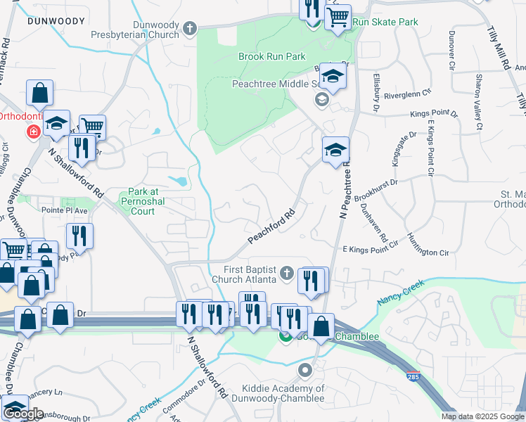 map of restaurants, bars, coffee shops, grocery stores, and more near 304 Dunbar Drive in Dunwoody