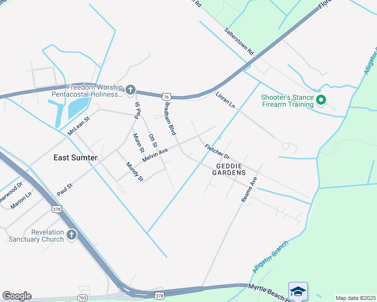 map of restaurants, bars, coffee shops, grocery stores, and more near 1631 Bradham Boulevard in Sumter