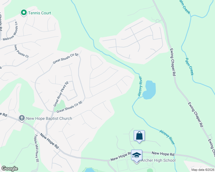 map of restaurants, bars, coffee shops, grocery stores, and more near 1502 Great Shoals Drive Southeast in Lawrenceville