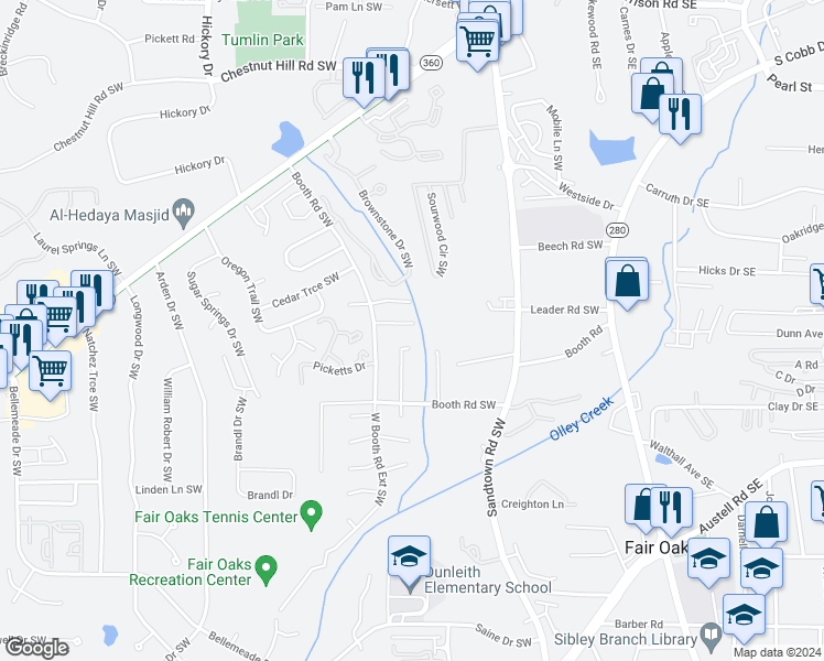 map of restaurants, bars, coffee shops, grocery stores, and more near 275 Juliet Lane Southwest in Marietta