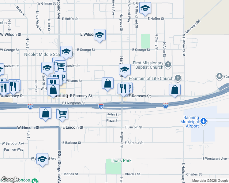 map of restaurants, bars, coffee shops, grocery stores, and more near in Banning