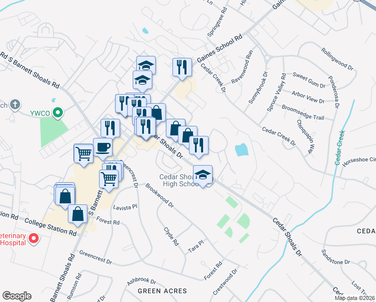 map of restaurants, bars, coffee shops, grocery stores, and more near 268 Scandia Circle in Athens