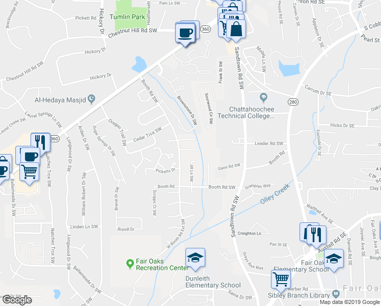 map of restaurants, bars, coffee shops, grocery stores, and more near 283 Juliet Lane Southwest in Marietta