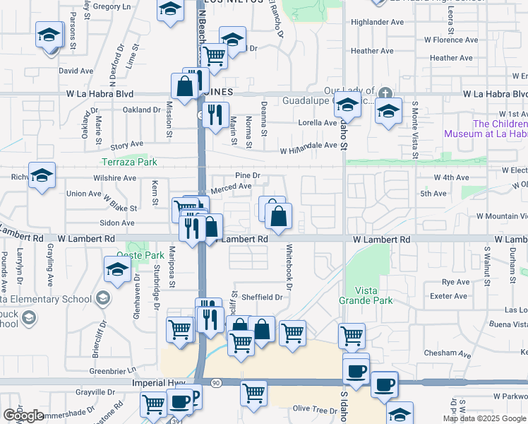 map of restaurants, bars, coffee shops, grocery stores, and more near 1645 West Lambert Road in La Habra