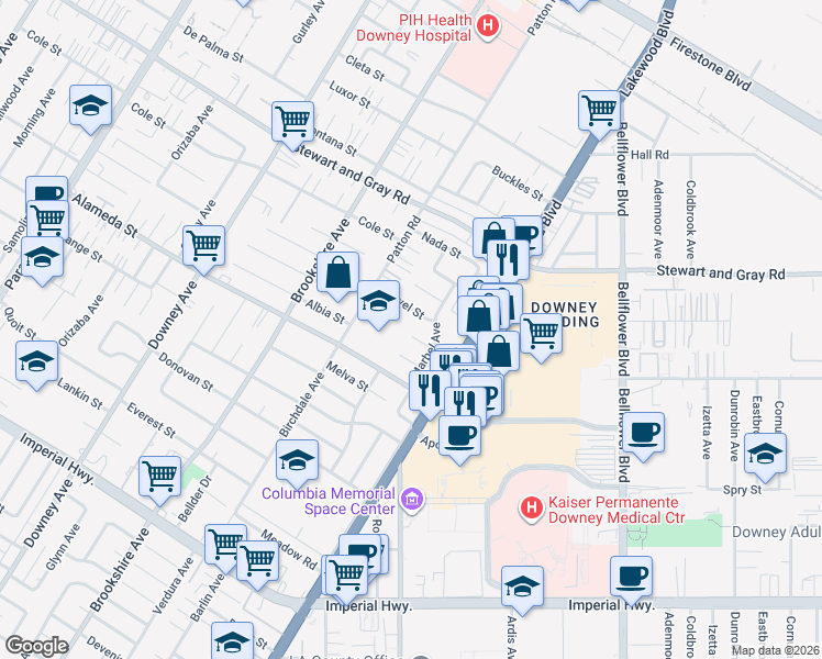 map of restaurants, bars, coffee shops, grocery stores, and more near 8701 Boyne Street in Downey