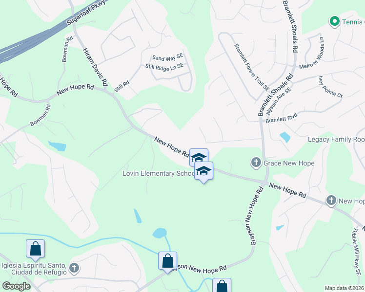 map of restaurants, bars, coffee shops, grocery stores, and more near 1644 New Hope Road Southeast in Lawrenceville