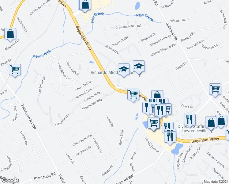 map of restaurants, bars, coffee shops, grocery stores, and more near 1504 Longmont Drive in Lawrenceville