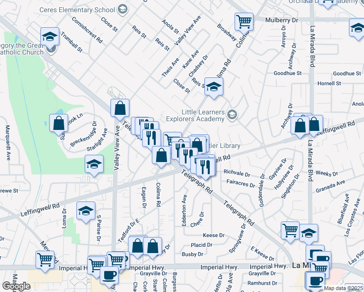 map of restaurants, bars, coffee shops, grocery stores, and more near 11510 Colima Road in Whittier