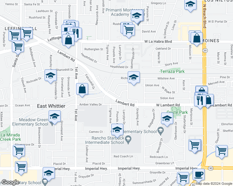 map of restaurants, bars, coffee shops, grocery stores, and more near 11636 Tigrina Avenue in Whittier
