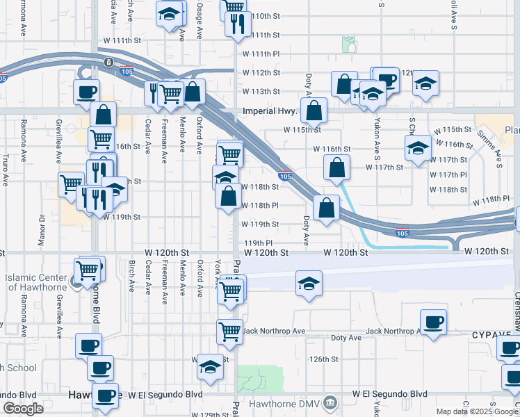 map of restaurants, bars, coffee shops, grocery stores, and more near 3918 West 118th Place in Hawthorne