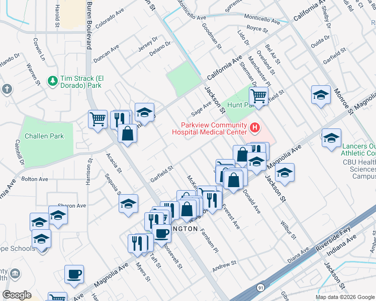 map of restaurants, bars, coffee shops, grocery stores, and more near 3994 Everest Avenue in Riverside