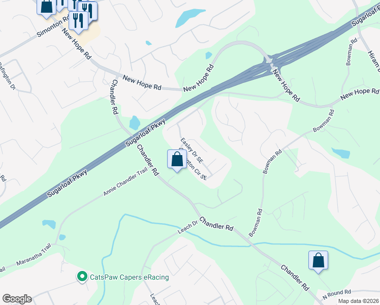 map of restaurants, bars, coffee shops, grocery stores, and more near 414 Easley Drive Southeast in Lawrenceville