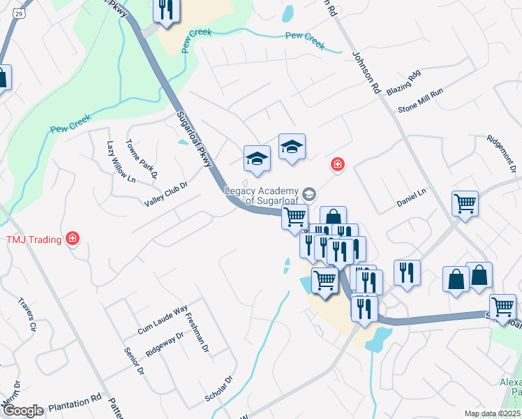 map of restaurants, bars, coffee shops, grocery stores, and more near 3615 Sugarloaf Parkway in Lawrenceville