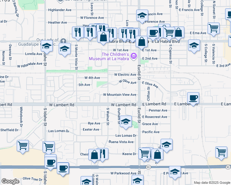 map of restaurants, bars, coffee shops, grocery stores, and more near 405 West Mountain View Avenue in La Habra