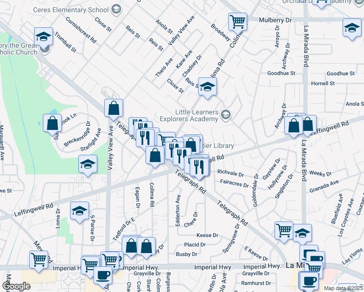 map of restaurants, bars, coffee shops, grocery stores, and more near 14515 Leffingwell Road in Whittier