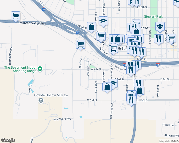 map of restaurants, bars, coffee shops, grocery stores, and more near 395 West 4th Street in Beaumont