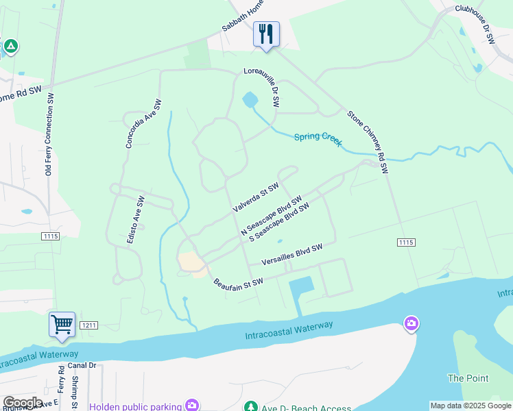 map of restaurants, bars, coffee shops, grocery stores, and more near 627 Valverda Street Southwest in Brunswick County