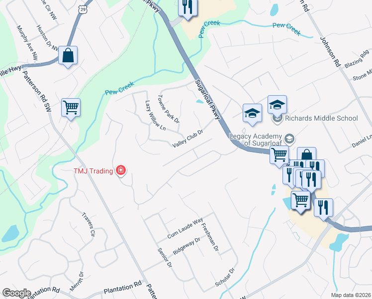 map of restaurants, bars, coffee shops, grocery stores, and more near 1689 Maybell Trail in Lawrenceville
