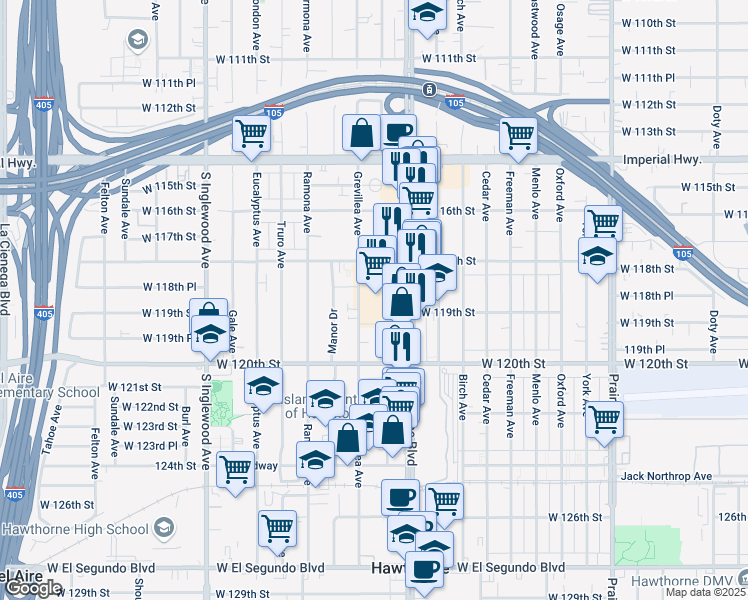 map of restaurants, bars, coffee shops, grocery stores, and more near 11924 Grevillea Avenue in Hawthorne
