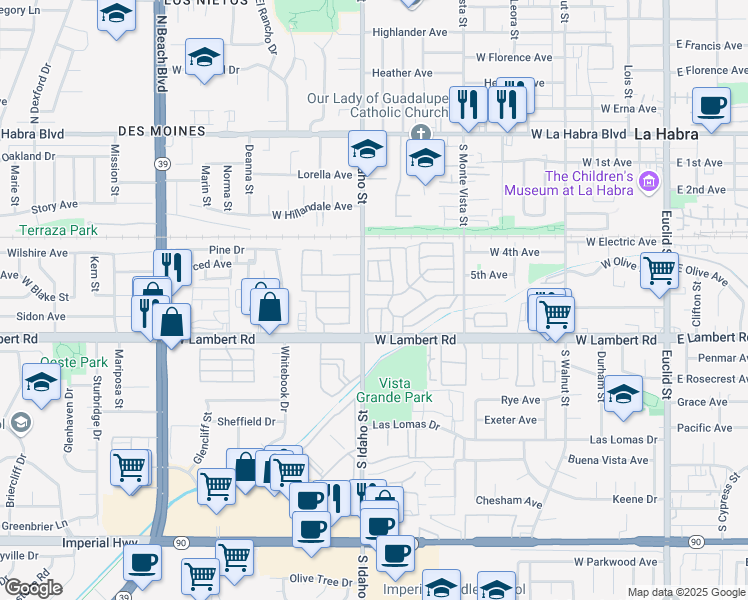 map of restaurants, bars, coffee shops, grocery stores, and more near 1001 West Lambert Road in La Habra